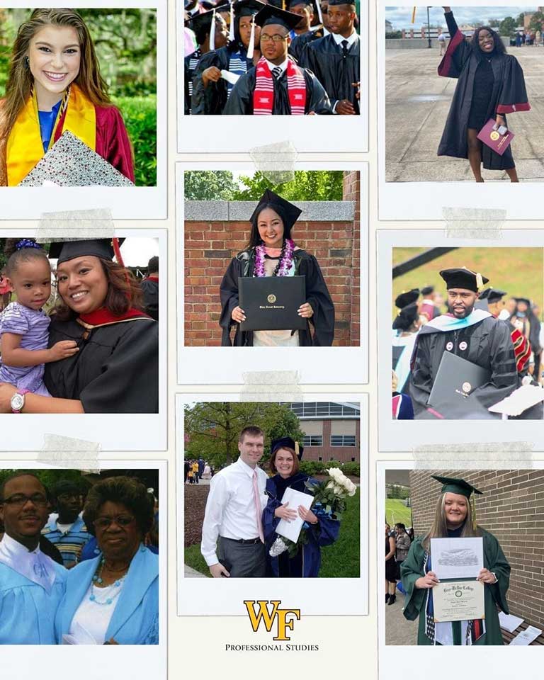 Collage of Wake Forest graduates in cap and gown celebrating graduation.